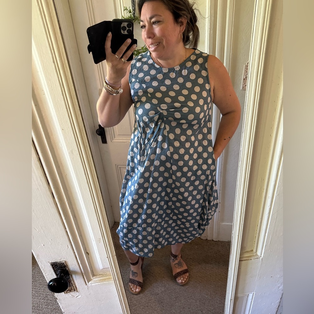 Sleeveless Blue Polka Dot Pocket bubble linen Dress size small oversized